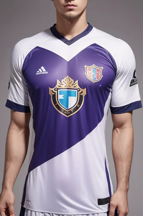 an exclusive football style shirt with the name "Map of The Soul written on the front and the colors of the shirt being lilac gold white and the name AURA on the shield