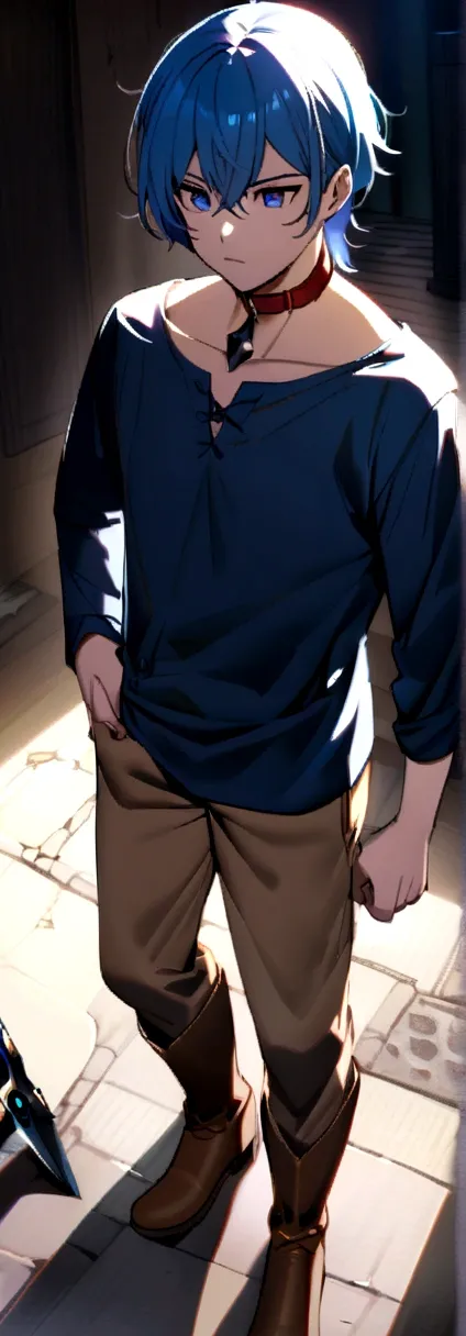 Boy with wavy blue hair, a rag on his red collar, blue long-sleeved shirt and brown pants with brown boots, an obsidian sword.