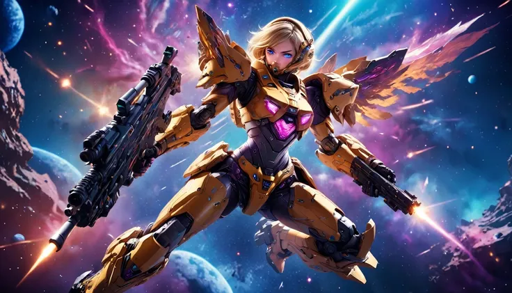 a female mech warrior in battle on a moon in space, full body shot, action shot, a tough and beautiful female mech warrior, short blond hair, dynamic eye color, intent gaze, ultra detailed face, best detailed face, she wears mech armor, and massive sci-fi ...