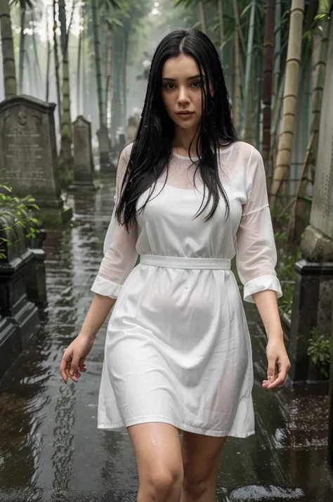 Masterpiece , best quality , ultra high res , 4k , hyper realistic ,photorealistic , Pov of hand hold hand of 1 girl, 30 years old , half body , plump ,beautiful face, stand on road, wearing long Thin white dress, very long black hair. background of wet ro...