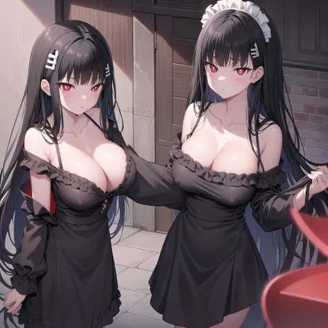 Rivertsukatsuki, River, black hair, (red eyes:1.5), hair ornament, hairclip, Halation, long hair,
、Extremely large breasts(7200)、、I can see your chest、Nipples are visible、Off-the-shoulder maid uniform、Black frill mini dress