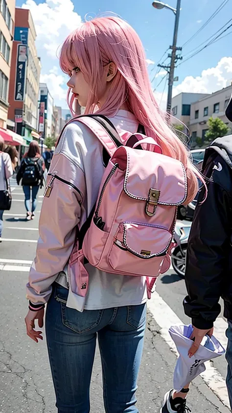 anime girl with pink hair with a backpack, She&#39;s wearing street clothes, with pink hair, portrait of jossi of blackpink, Ulzan, ((pink)), jossi of blackpink, lalisa manoban of blac color, Wearing cyberpunk streetwear, Japanese Streetwear, Long hair, An...