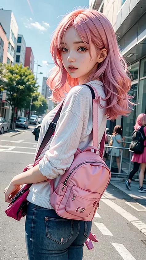 anime girl with pink hair with a backpack, She&#39;s wearing street clothes, with pink hair, portrait of jossi of blackpink, Ulzan, ((pink)), jossi of blackpink, lalisa manoban of blac color, Wearing cyberpunk streetwear, Japanese Streetwear, Long hair, An...