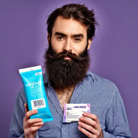 extremely bearded shaggy and hairy woman, hold a packet of minoxidil kirkland in her hands