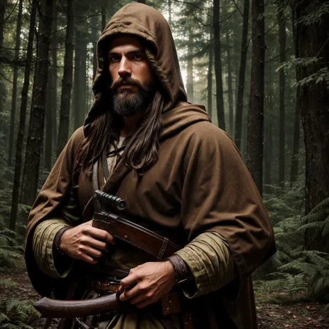 Man, long brown hair, bearded, medieval druid hunter, in the middle of a dense forest at night, hooded, medieval style, realistic, ultra detailed  