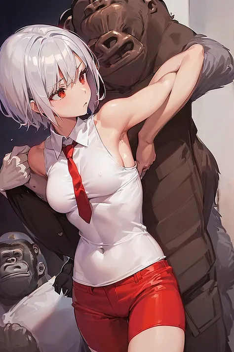 masterpiece, best quality,anime style, 1 girl,(((slender body))), (((small breast))),(((hot pants, white tanktop,red tie))),(((((a gorilla man grabbing the girl))))), ((((restrained, arms behind back)))),((((cum)))), (beautiful face), (((short hair))), (((...