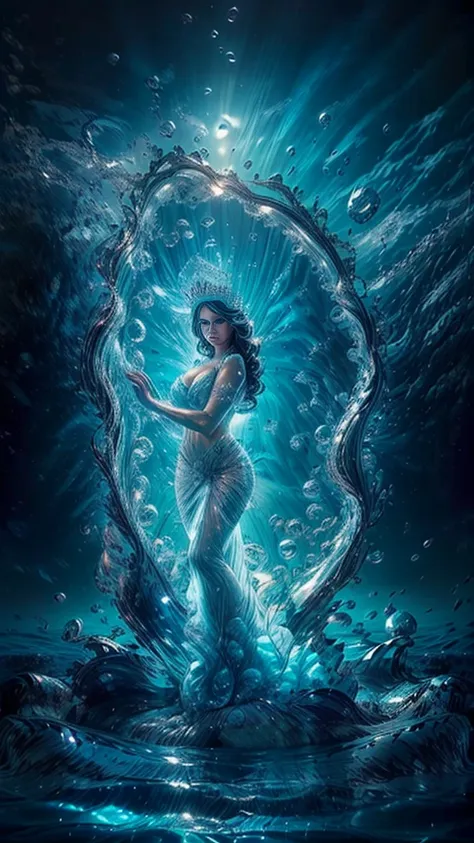 "(masterpiece: 1.2), 8k uhd resolution, latina water goddess adult model daisy marie, standing ethereal amidst a vast shimmering...