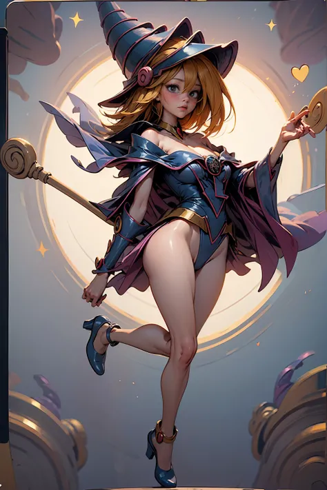 (Masterpiece:1.2), (The best quality:1.2), perfect lighting, Dark Magician Girl casting a spell, floating in the air, big tits, neckline, magic background. Transparent hearts in the air, blue robe, big hat, From above, sparkles, Yugioh Card in the backgrou...