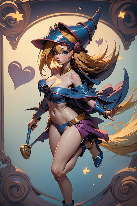 (Masterpiece:1.2), (The best quality:1.2), perfect lighting, Dark Magician Girl casting a spell, floating in the air, big tits, neckline, magic background. Transparent hearts in the air, blue robe, big hat, From above, sparkles, Yugioh Card in the backgrou...