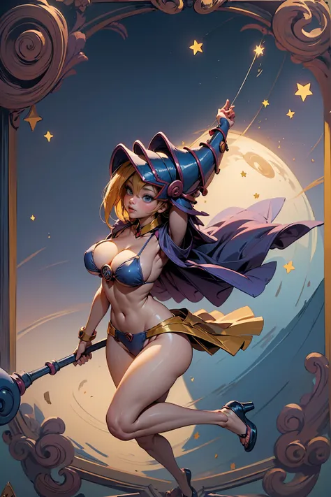 (Masterpiece:1.2), (The best quality:1.2), perfect lighting, Dark Magician Girl casting a spell, floating in the air, big tits, neckline, magic background. Transparent hearts in the air, blue robe, big hat, From above, sparkles, Yugioh Card in the backgrou...