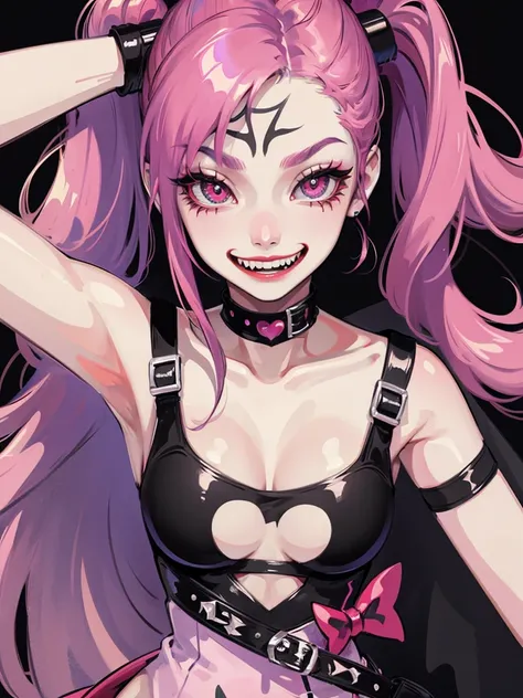 a harley quinn type psycho joker design with pink eyes and detailed dress
