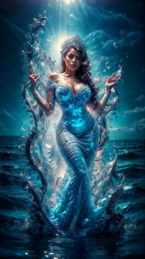 "(masterpiece: 1.2), 8K UHD resolution, Latina Water Goddess Adult model Daisy Marie, standing ethereal amidst a vast shimmering ocean. Her silhouette merges with cascading waterfalls and fluid streams. Wearing a detailed crown adorned with pearls, and a g...