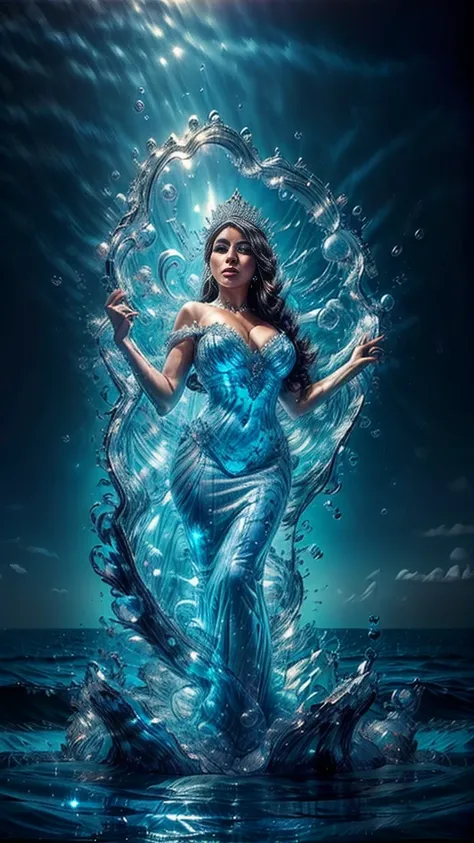 "(masterpiece: 1.2), 8K UHD resolution, Latina Water Goddess Adult model Daisy Marie, standing ethereal amidst a vast shimmering ocean. Her silhouette merges with cascading waterfalls and fluid streams. Wearing a detailed crown adorned with pearls, and a g...