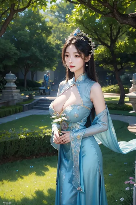 painting of a woman in a blue dress standing in a garden,  gigantic cleavage breasts, a fine art painting by Chen Lin, trending on cg society, fantasy art, fantasy art style, ethereal fantasy, a beautiful fantasy empress, beautiful fantasy art, ((a beautif...