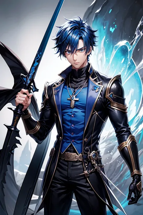 anime boy with blue hair and blue suit holding a black sword made of obsidian, anime key art, detailed anime key art, anime rudo 8k, handsome masculine, thin boy, handsome boy in Demon Slayer art, trend on artstation pixiv, Detailed anime character art, ha...