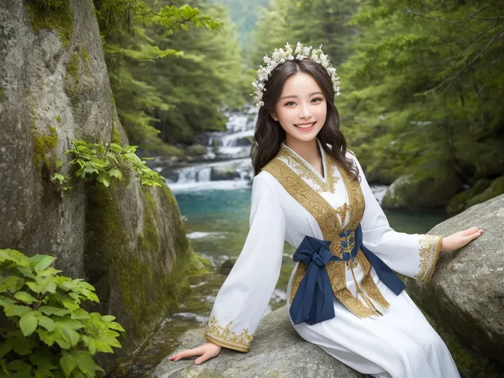 Cute Woman sitting on rock 、Beautiful forest, high mountains of the Alps, one bird 、Realistic, Masterpiece, Cinematic, Gorgeous national costume, detailed beautiful eyes, Gorgeous national costume, beautiful detailed eyes, a smile that reveals a hint of wh...