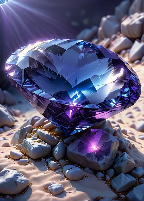 glowing sapphire , (glowing sapphire: 1.5), (magic radiation: 1.0), (purple: 1.0), ground with rocks and dirt , full shot, ((loo...