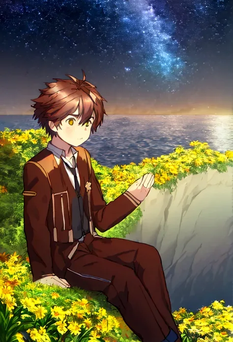 a guy with brown hair with yellow eyes sitting on a big cliff watching the starry night sky