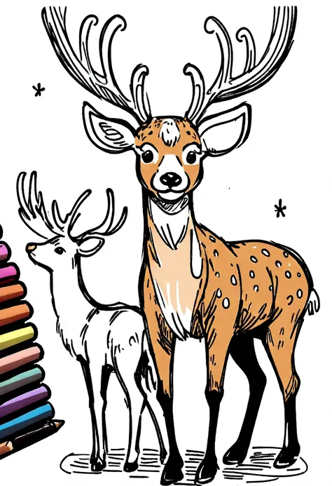 Zoo animals,deer,Sketch Style,Coloring book,White Background,drawing style,Kids Style,Black Line