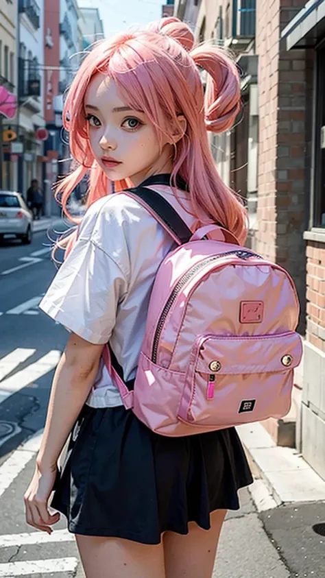 anime girl with pink hair with a backpack, She&#39;s wearing street clothes, with pink hair, portrait of jossi of blackpink, Ulzan, ((pink)), jossi of blackpink, lalisa manoban of blac color, Wearing cyberpunk streetwear, Japanese Streetwear, Long hair, An...