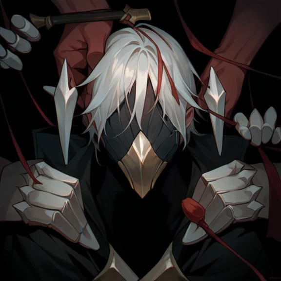 man with White hair, face covered with a dismanbered hand. Multiple dismambered hands attached to body.