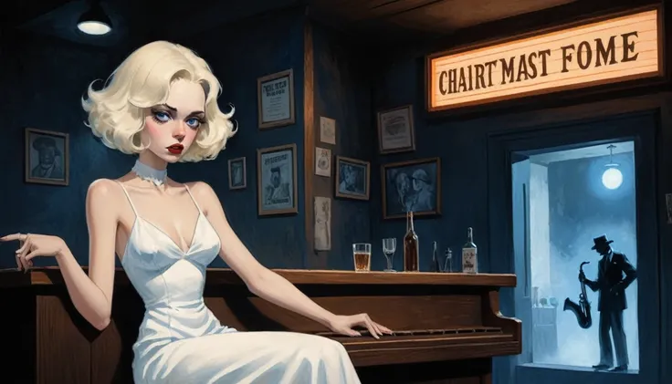 robert johnson, gritty, alabama bar, blue note, charismatic, white dress, illustration, noir fantasy, lone blonde lady, sad ending, saxophonist