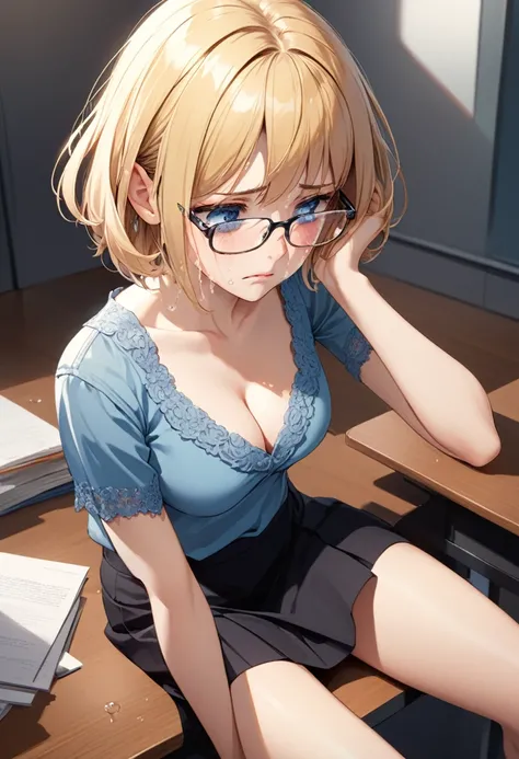 detailed illustration ,dynamic angle, ultra-detailed, detailed eyes, detailed face, 1girl, shy, sitting at a desk, blonde, short hair, medium breasts, cleavage, blue blouse, short black skirt, blue eyes, glasses, tears, crying, weeping, sad