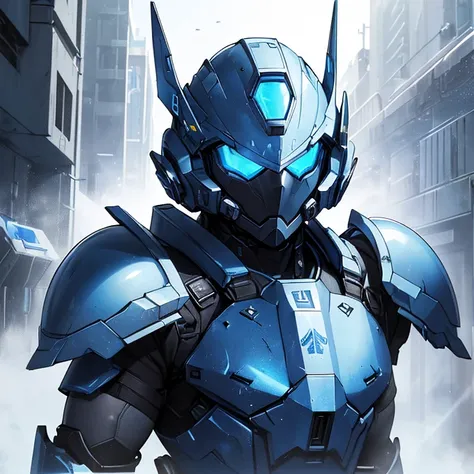 (absurdres, best high quality image, carefuly detailed features and textures, very detailed image, solo character alone, full character vew): {{(1character: space male super soldier), (blue bulky space battle armor, blue full helmet showing no face, light ...