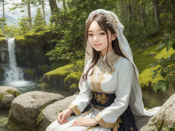 Cute Woman sitting on rock 、Beautiful forest, high mountains of the Alps, one bird 、Realistic, Masterpiece, Cinematic, Gorgeous national costume, detailed beautiful eyes, Gorgeous national costume, beautiful detailed eyes, a smile that reveals a hint of wh...