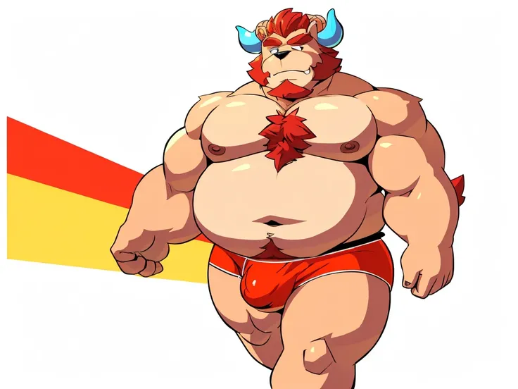 chernobog, big belly, chubby, masculine focus, underwear, bulge, nipples, full body, walking, full frontal, white background, 80s flat vector fashon art style 