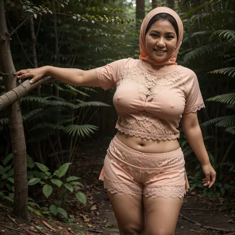 A 52 years old Indonesian woman in peach color hijab, wearing peach color lace tight t-shirt, wearing very short peach color lace shorts, villager, poor woman, darker skin, curvy body, short body, smiling and standing in a dark forest, look to the viewer w...