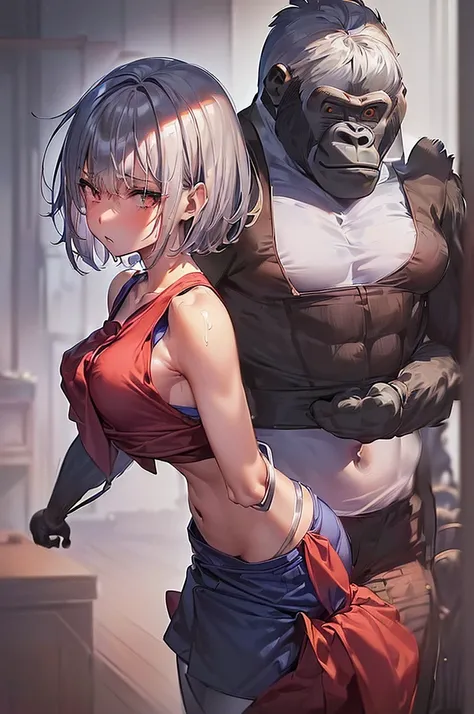 masterpiece, best quality,anime style, 1 girl,(((slender body))), (((small breast))),(((hot pants, blue tanktop,red tie))),(((((a gorilla man grabbing the girl))))), ((((restrained, arms behind back)))),((((cum)))), (beautiful face), (((short hair))), (((s...