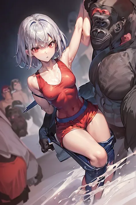 masterpiece, best quality,anime style, 1 girl,(((slender body))), (((small breast))),(((hot pants, blue tanktop,red tie))),(((((a gorilla man grabbing the girl))))), ((((restrained, arms behind back)))),((((cum)))), (beautiful face), (((short hair))), (((s...