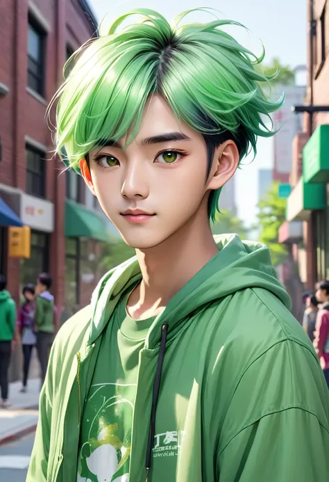 create a male asian college student with light green hair and green clothes