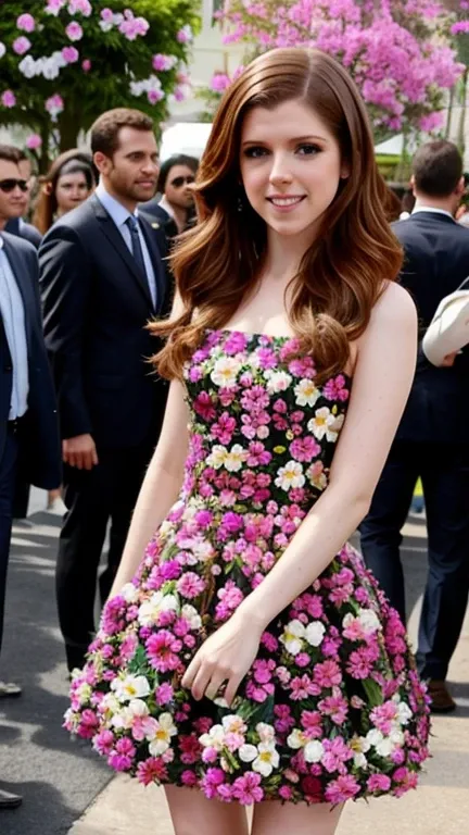 Anna Kendrick dressed in clothes made of flowers and a smile