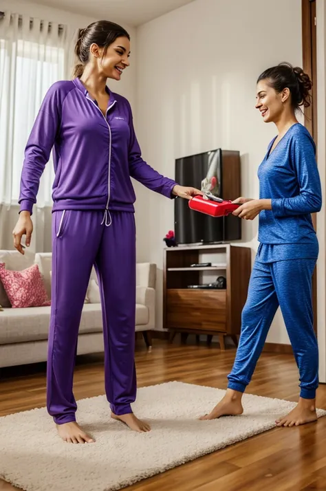 A woman in loungewear at home, The woman decides to play a prank on her friend 