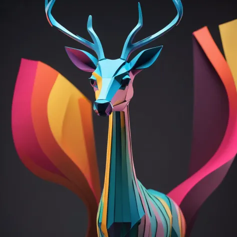 Close up of a paper sculpture of a long-necked deer, Abstract sculpture by Peter Alexander Hay, Multi-count, new sculpture, Stylized for 3D rendering, surreal hybrid animals, Expressed in 3D rendering, Digital Sculpture, 3d minimalistic art, Stylized 3D gr...