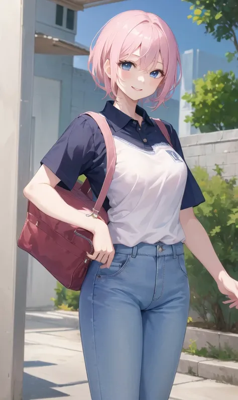 ((masterpiece, 最OK质量)), (1 girl), Light pink hair, sweet smile, blue eyes, short hair, (OK), White Polo Shirt, Wide jeans