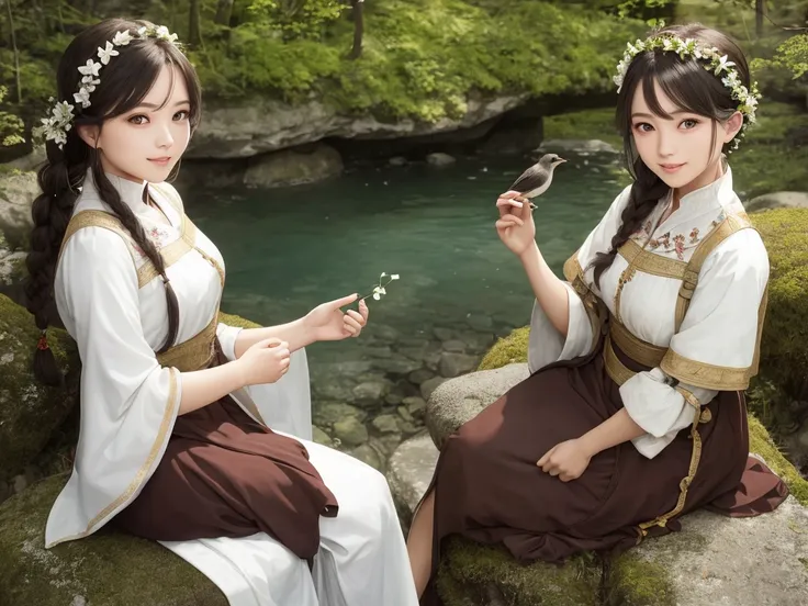 Cute Woman sitting on rock 、Beautiful forest, high mountains of the Alps, one bird 、Realistic, Masterpiece, Cinematic, Gorgeous national costume, detailed beautiful eyes, a smile that reveals a hint of white teeth, Braid
