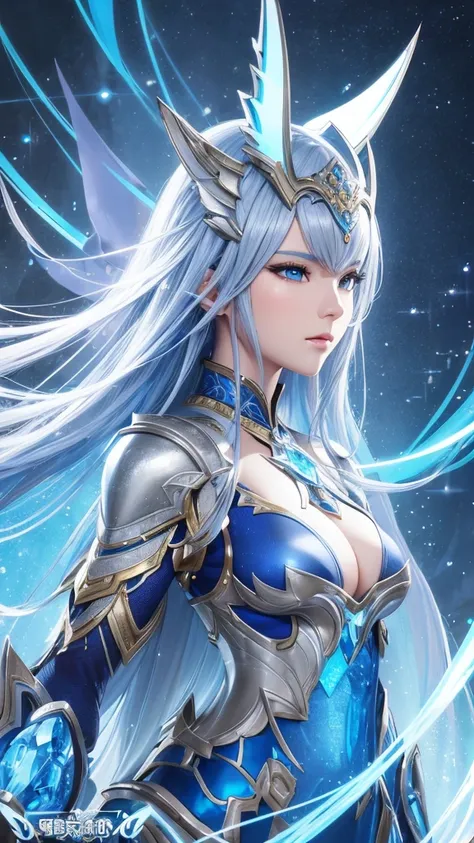 a close up of a woman in a silver and blue dress, chengwei pan on artstation, by Yang J, detailed fantasy art, stunning character art, fanart best artstation, epic exquisite character art, beautiful armor, extremely detailed artgerm, detailed digital anime...