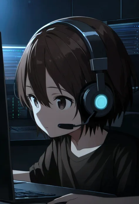 a character with dark brown hair wearing a black shirt in a dark room playing on the pc and using headphones