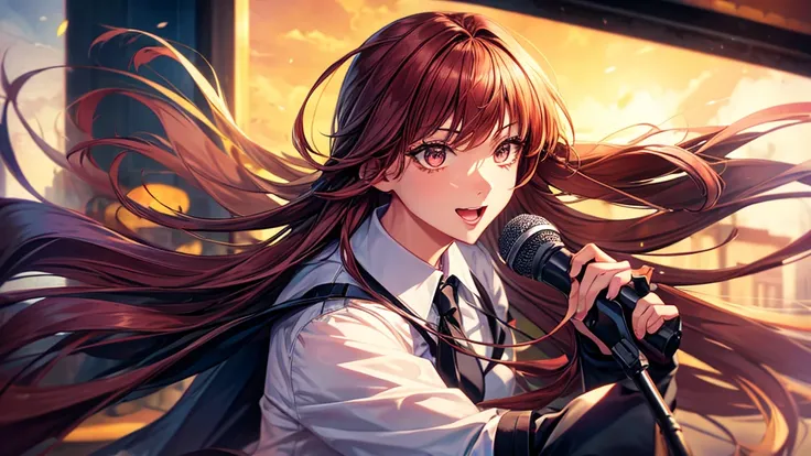 a female character holding a microphone without a background only the character, long hair and very beautiful