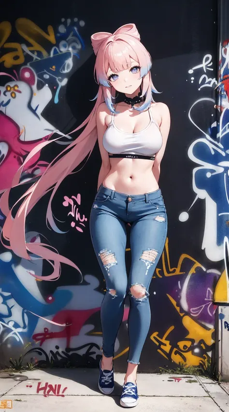 Sanguang Palace|Heart to Heart Genshin Effect, masterpiece, best quality, 1 Girl,20 years old, Double ponytail hairstyle, Proportional mechanism, Long jeans, Excessive breast size, ,only, (Graffiti:1.5), Splash with purple lightning pattern., Arms behind y...