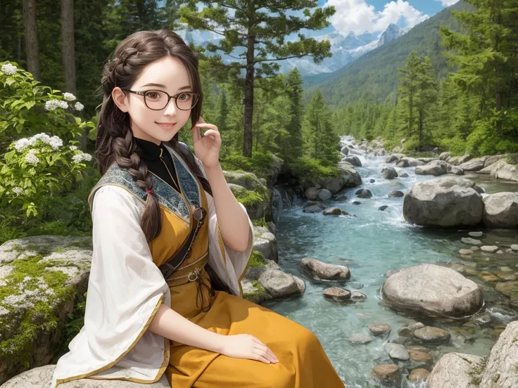 Cute Woman sitting on rock 、Beautiful forest, high mountains of the Alps, one bird 、Realistic, Masterpiece, Cinematic, Gorgeous national costume, detailed beautiful eyes, a smile that reveals a hint of white teeth, Braid, Glasses
