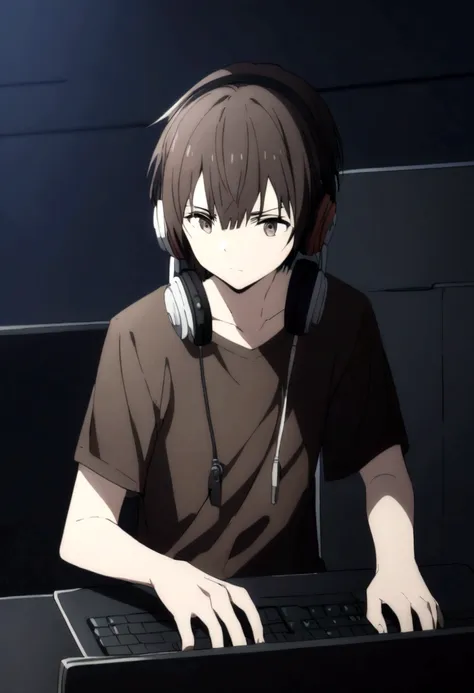 a character with dark brown hair wearing a black shirt in a dark room playing on the pc and using headphones