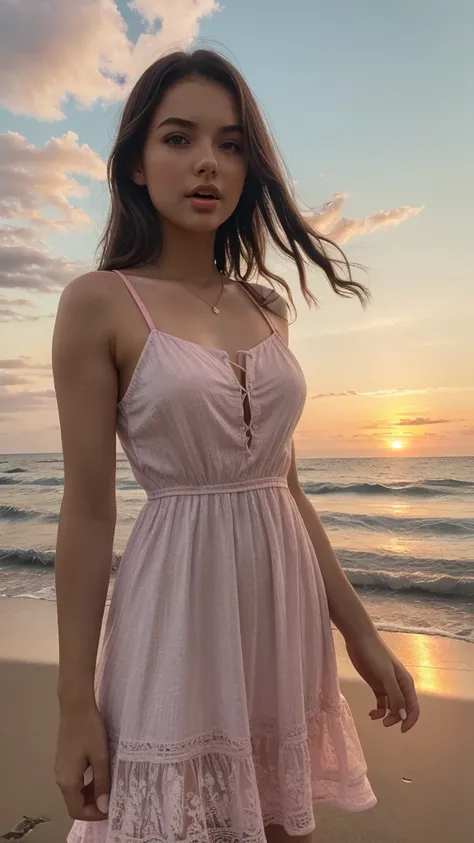 A beautiful girl and white skin and age 18-25, weight 59, height 6 inc, mouth 2 cm, a cinematic picture for beach and sunset time and beautiful pink dress 👗 .