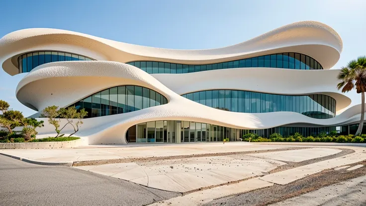 raw-photo, (biomorphic museum building seen from outside), ((front elevation)), (limestone), curvilinear, curved edges, mediterr...