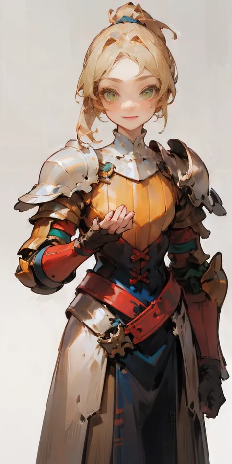 Put your hands to the sides, (masterpiece), Super detailed, One girl, Fine grain, Medium chest, Gray background, (whole body), Green Eyes, Gray background, Full Plate Armor, A confident smile, Staring at the audience, Blonde hair in a ponytail, Are standin...