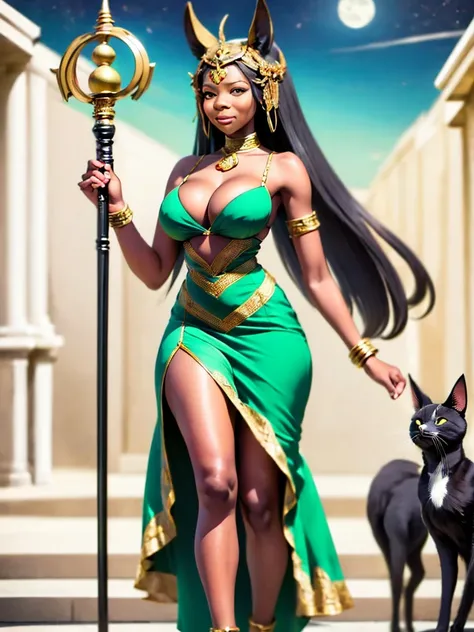 anubon goddess with a staff and a cat in her hands, the god anubis, mystical anubis valkyrie, storm egyptian god, dark skin female goddess of love, anubis, angry god anubis, hecate goddess, goddess of death, lolth, hecate, goddess of the hunt and the moon,...