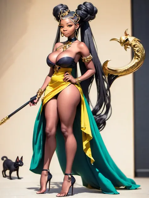 anubon goddess with a staff and a cat in her hands, concept art inspired by Petros Afshar, trending on cgsociety, afrofuturism, the god anubis, mystical anubis valkyrie, storm egyptian god, dark skin female goddess of love, anubis, angry god anubis, hecate...